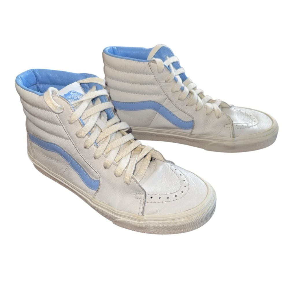 📌Vans Sk8-Hi Leather High Top Sneakers Men’s 9 Women’s 10.5 White Blue Skate